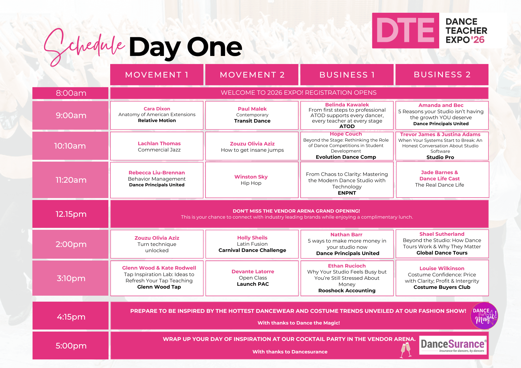 Dance Teacher Expo 2026 Day One schedule — Movement and Business track sessions across the day.