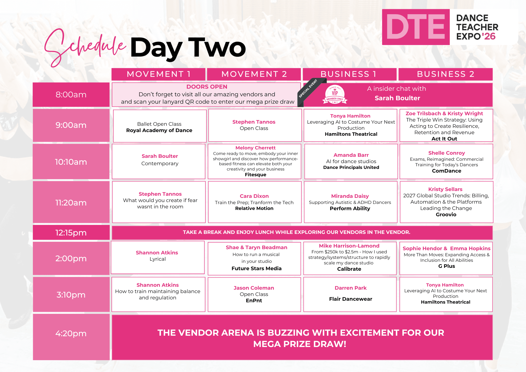 Dance Teacher Expo 2026 Day Two schedule — Movement and Business track sessions across the day.